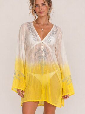 Debbie Katz Elia Tunic Yellow/Sea Medium Beachy Cruise Resort Cover Up Boho